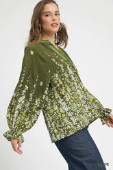 Umgee Floral Vine Print Blouse with Balloon Sleeves OutfitFlow